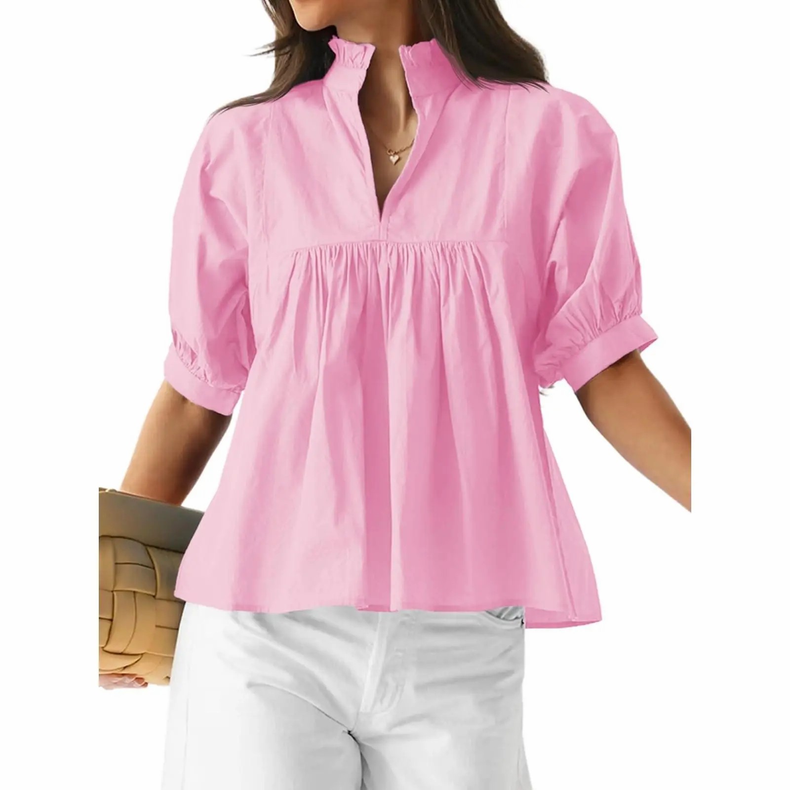 Elegant V-Neck Puff Sleeve Peplum Blouse - Versatile Dressy Casual