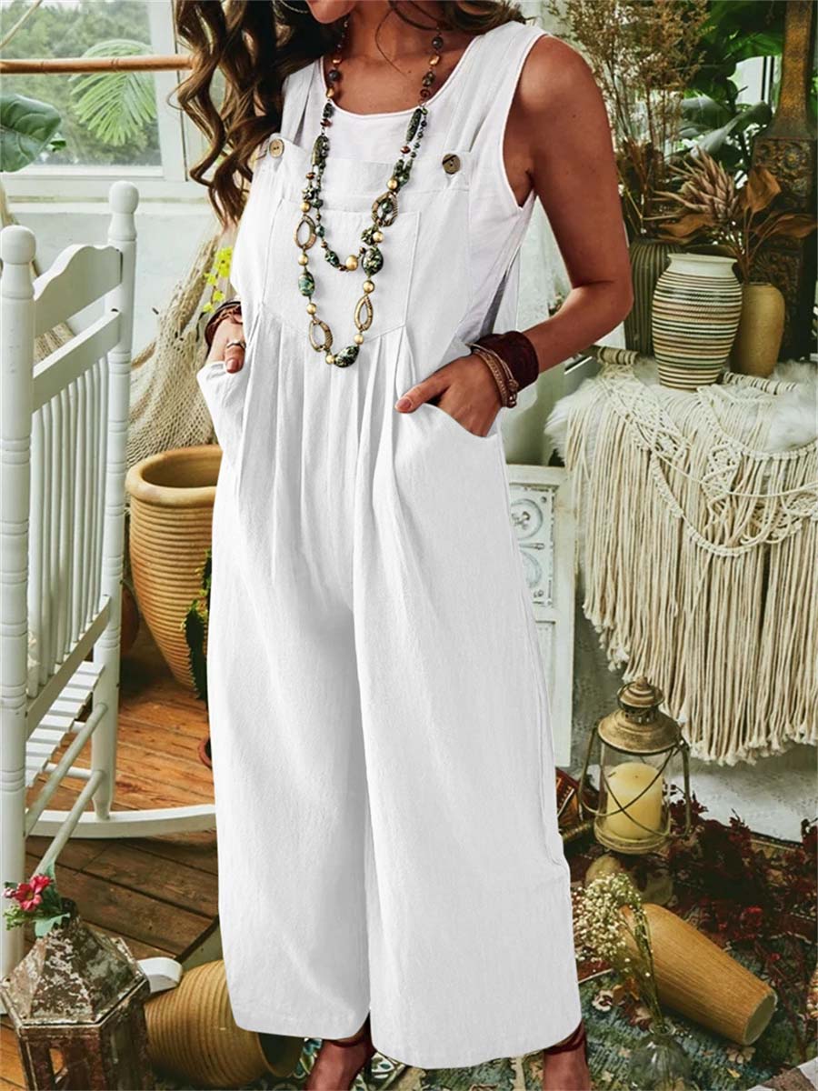 Women's Solid Color Sleeveless Pocket Casual Linen Cotton Bib Wide Leg Jumpsuit