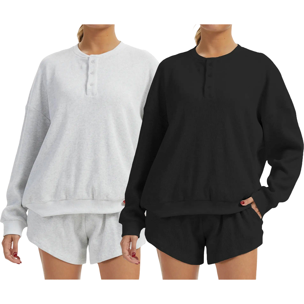 Women's Oversized Waffle Knit Lounge Set – Long Sleeve Henley Sweatshirt and High Waisted Shorts 2 Piece Casual Outfit Summervibes