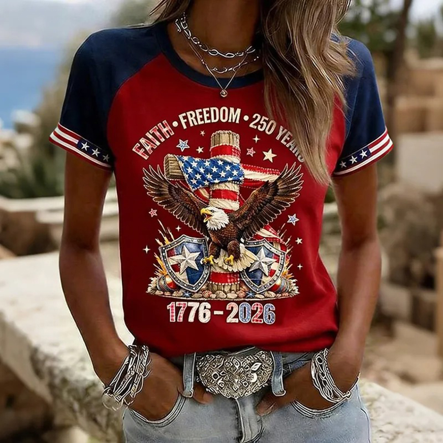 Women's American 250th Anniversary Patriotic Print Round Neck T Shirt