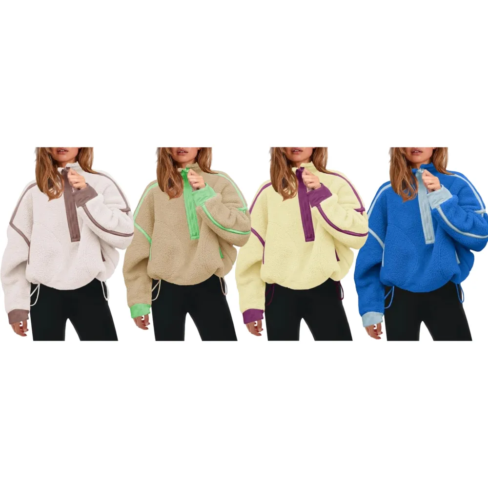Women's Half Zip Sherpa Fleece Color Block Pullover Soft Oversized Sweatshirt