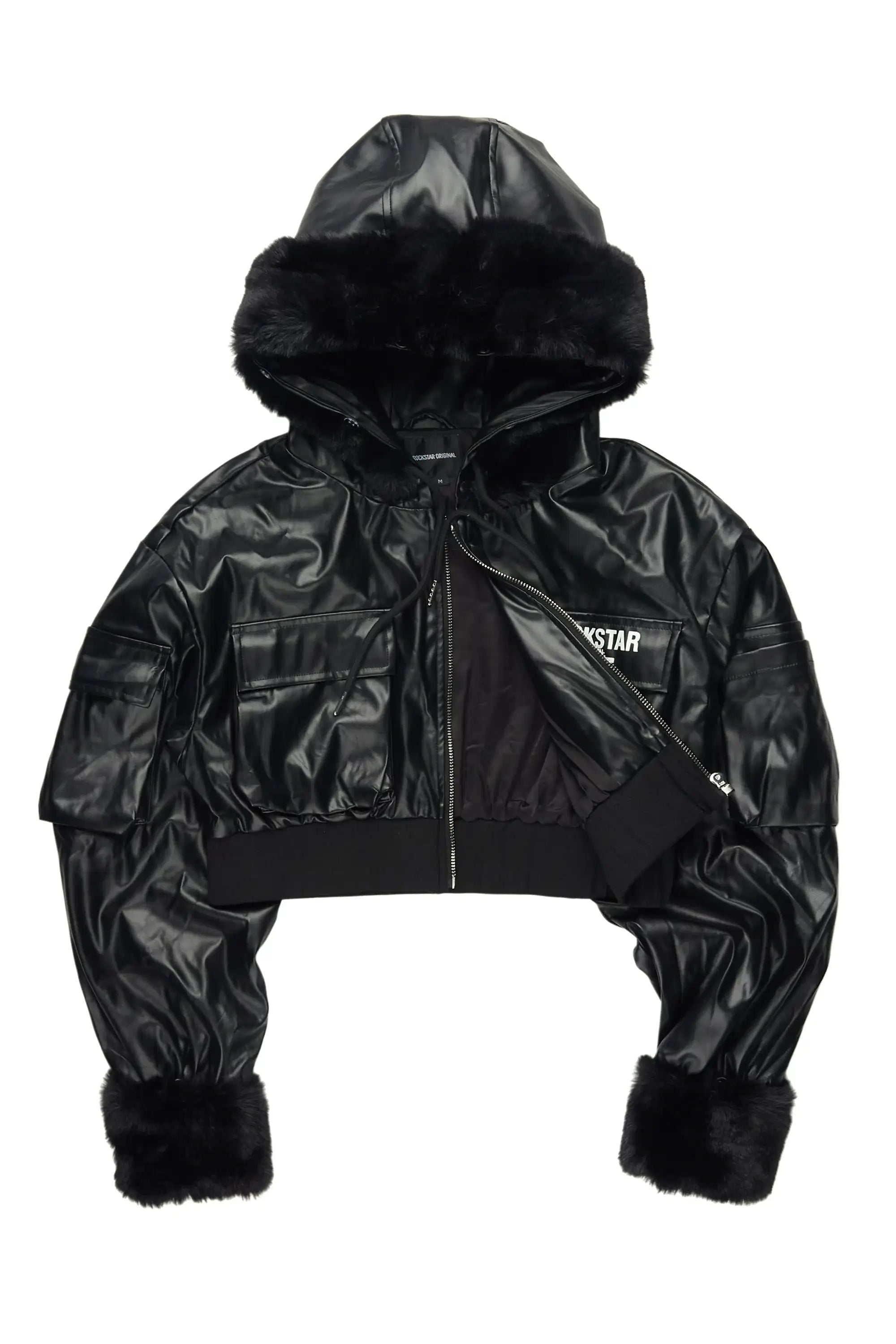 Amyia Black PU Jacket With Fur Hoodd