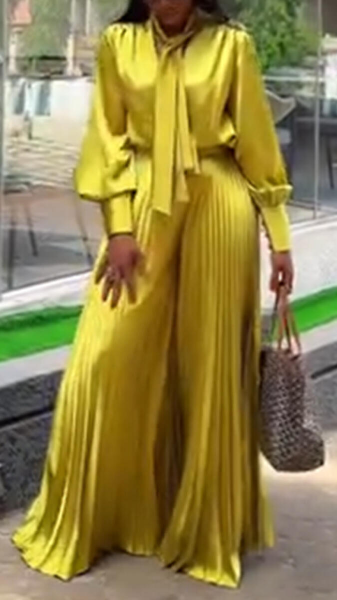 Women Round Neck Top+ Pleated Pants Shiny and Temperament Casual Suit