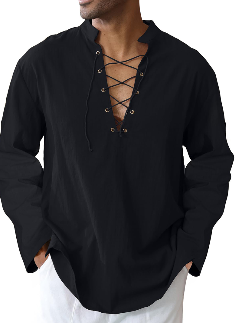 Men's cotton and linen shirt with drawstring sleeves