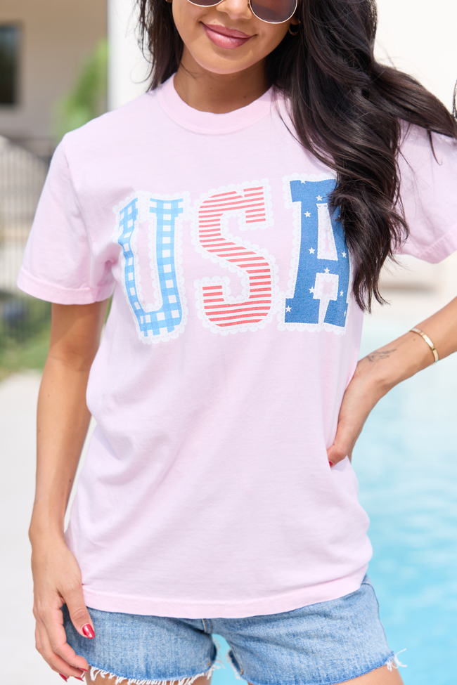 USA Lace Print Light Pink Graphic Tee