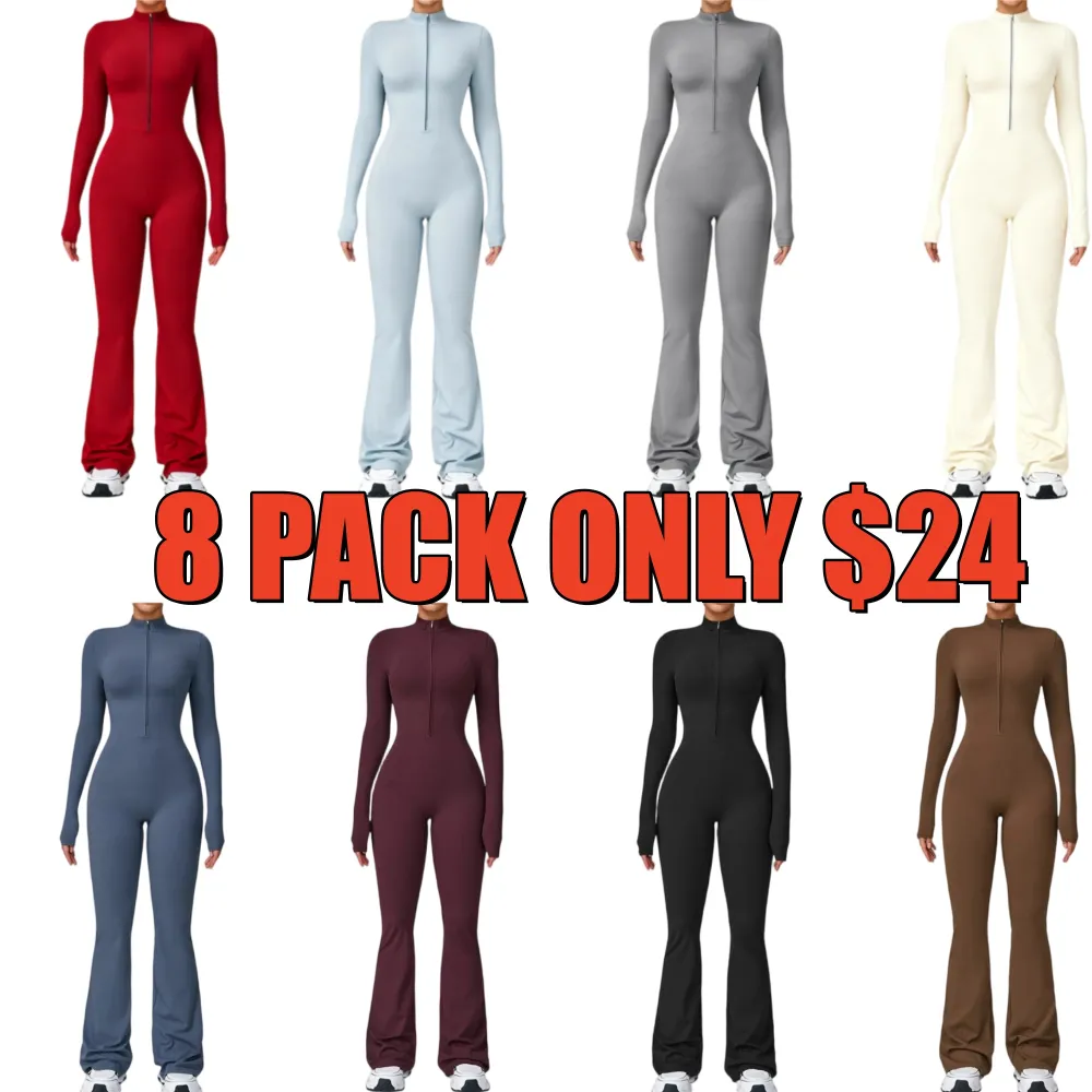 Women's Long Sleeve Flared Sports Jumpsuit - Zipper Jumpsuit