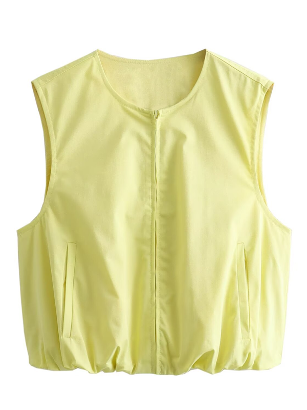 Round Neck Zipper Pocket Balloon Short Vest / Pleated Skirt