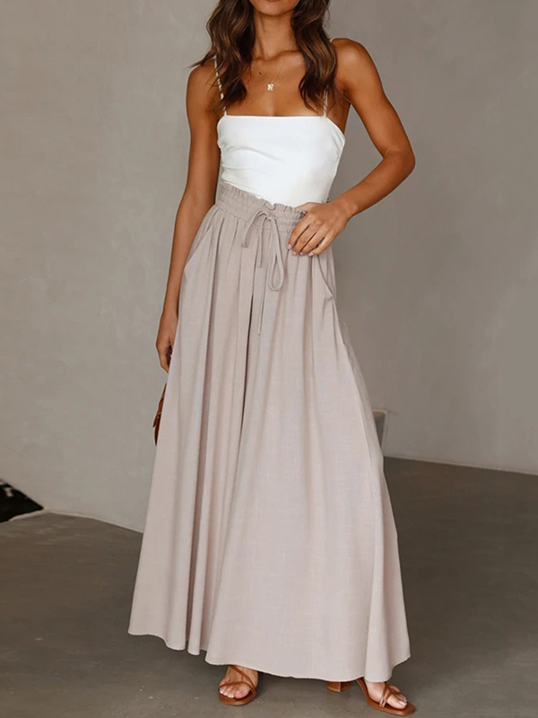 Drawstring Elasticity Pleated Pockets Solid Color High Waisted Loose Trousers Pants