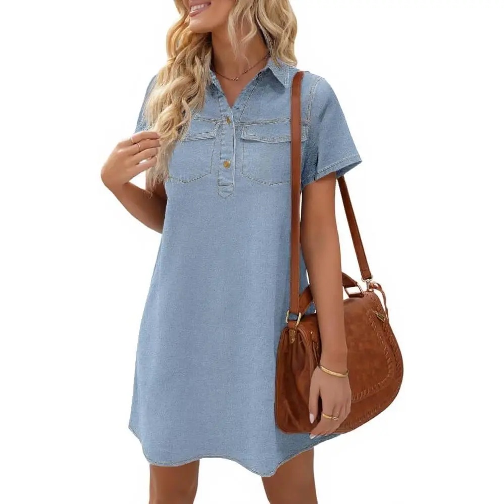 Women's Short Sleeve Denim Dress Button Down Collared Loose Fit Summer Casual Jean Shirt Mini Dresses