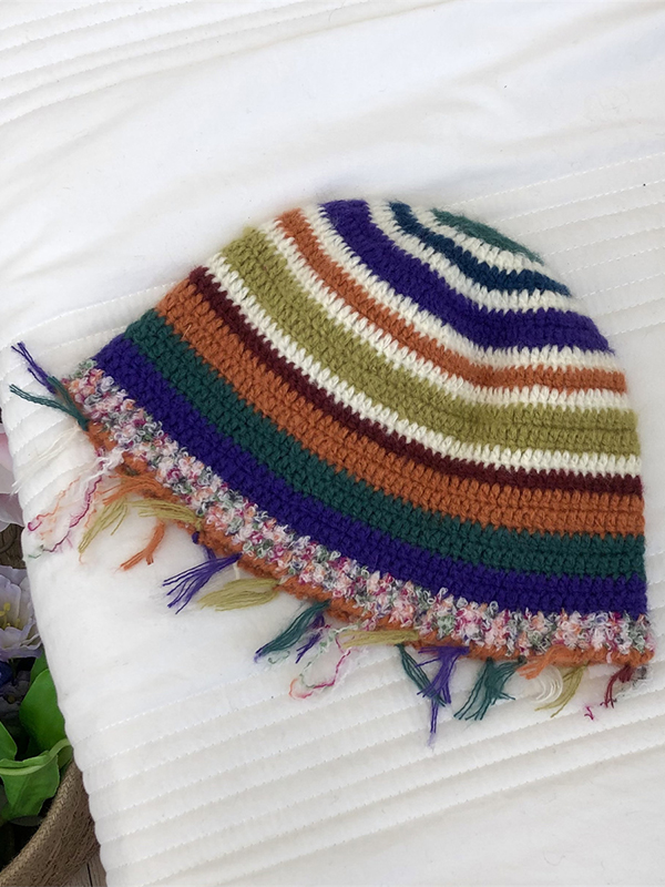 Fringed Striped Tasseled Bucket Hat