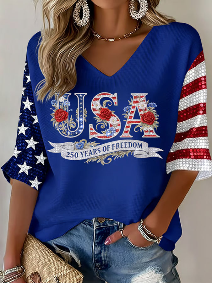 Women'S 250Th Anniversary Printed V-Neck Top For The Founding Of The United States