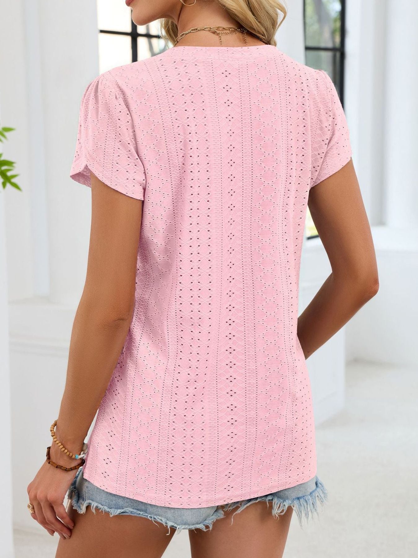 Eyelet Petal Sleeve V-Neck T-Shirt