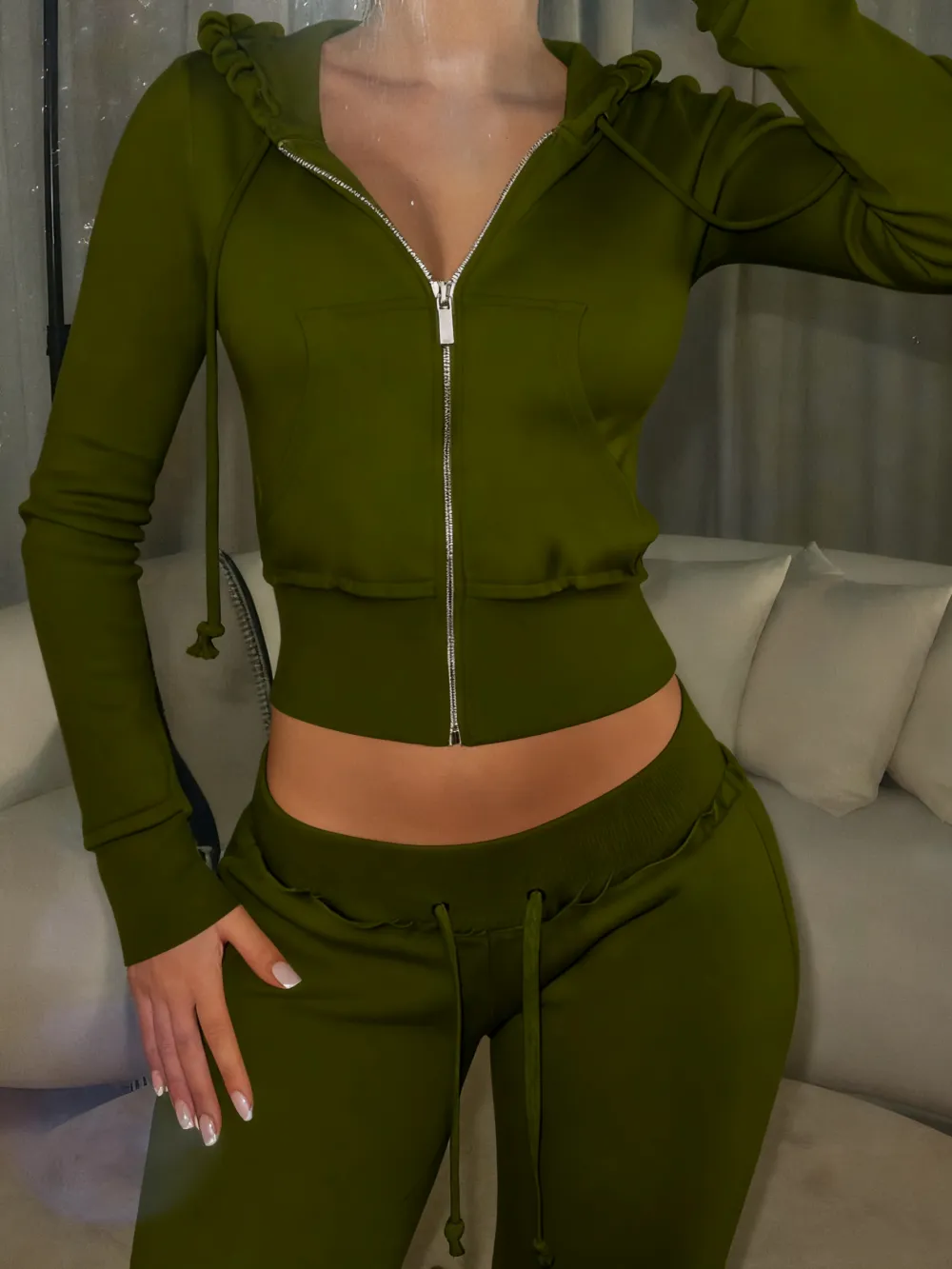 Women's Solid Drawstring Zip Up Crop Hooded Jacket Sets