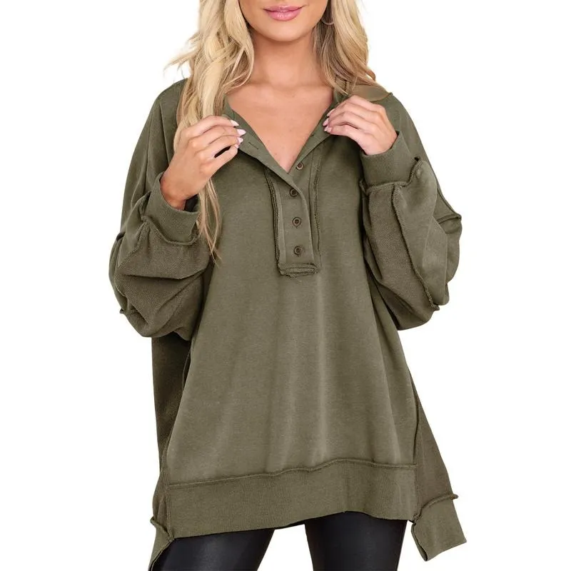 Women's Oversized Button Henley Sweatshirts