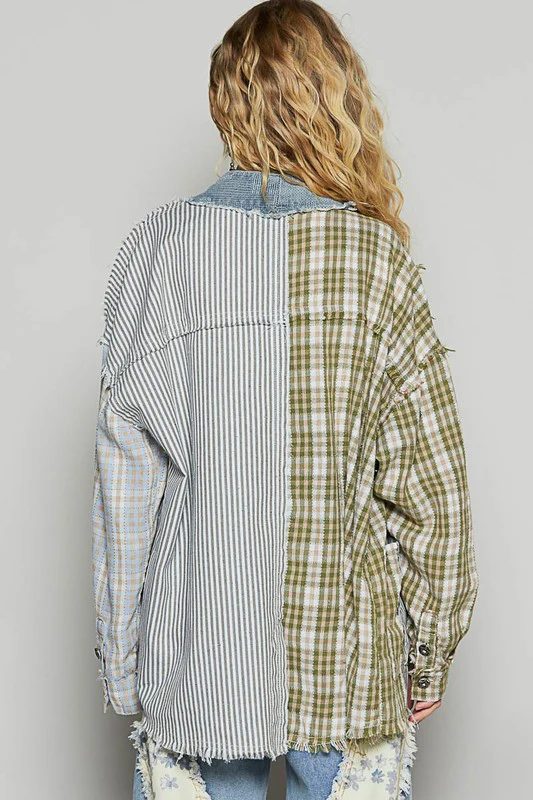 Raw Edge Plaid & Striped Open Front Cardigan
