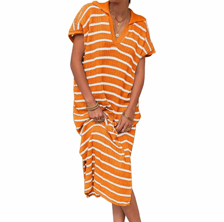 Women's Striped Summer Dress – V-Neck Short Sleeve Knit Collar Loose Maxi Dress with Slit