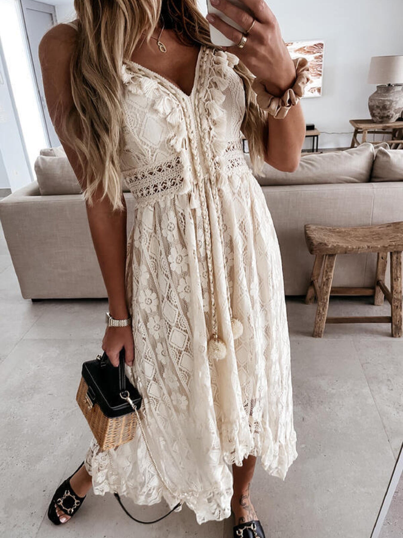 Plus Size Ruffled Lace V-Neck Maxi Dress