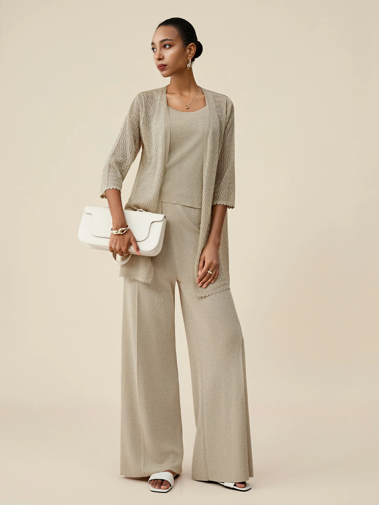 Gold Silver Yarn Mid-Sleeve Simple Cardigan