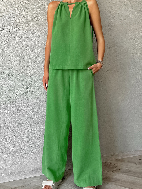 Loose Hollow Split-Joint Halter-Neck Vest + Elasticity High Waisted Pants Trousers Two Pieces Set