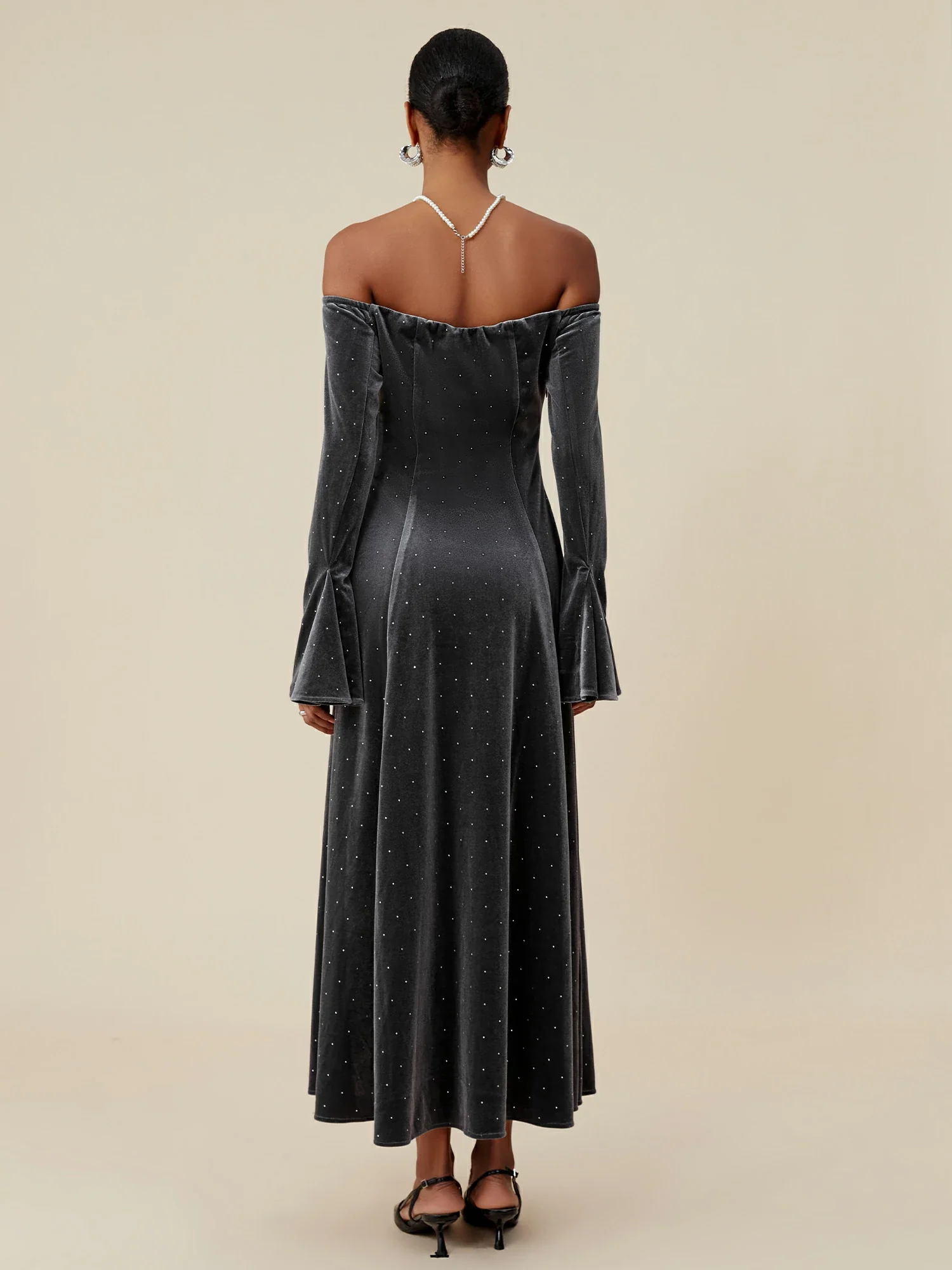 Velvet Rhinestone Long Sleeve Off-Shoulder Dress