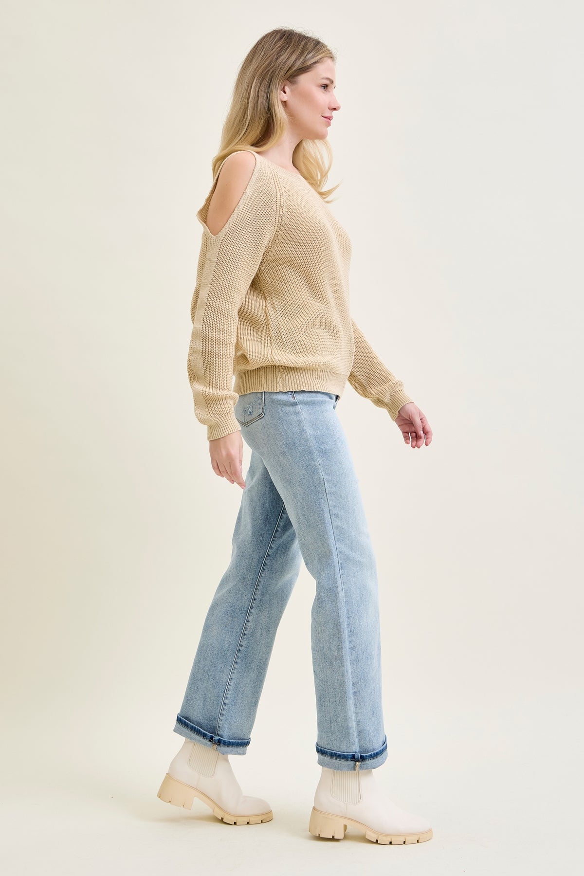 Chevron Stitch Cold Shoulder Beige Sweater