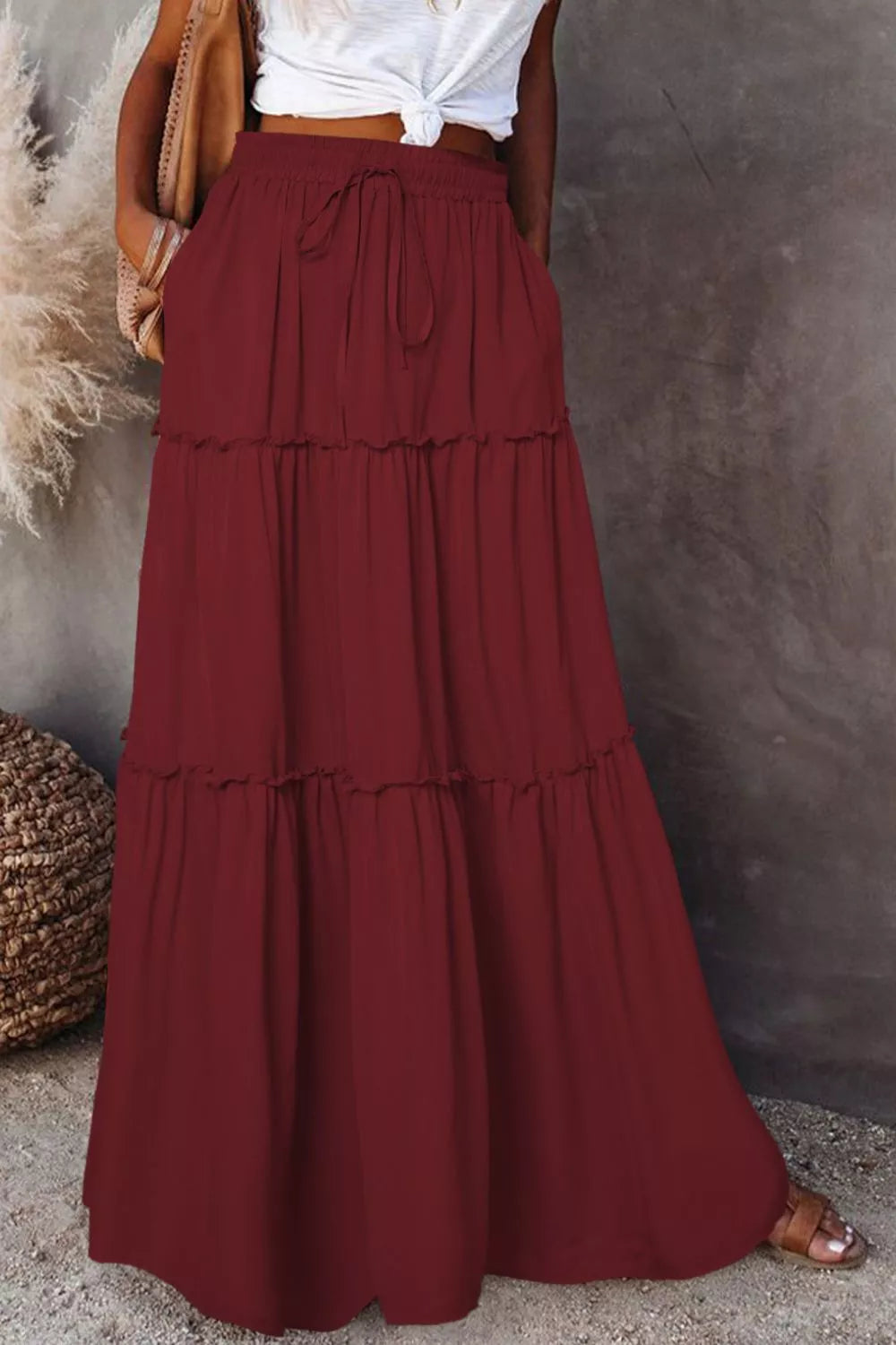 Frill Tiered Drawstring Waist Maxi Skirt