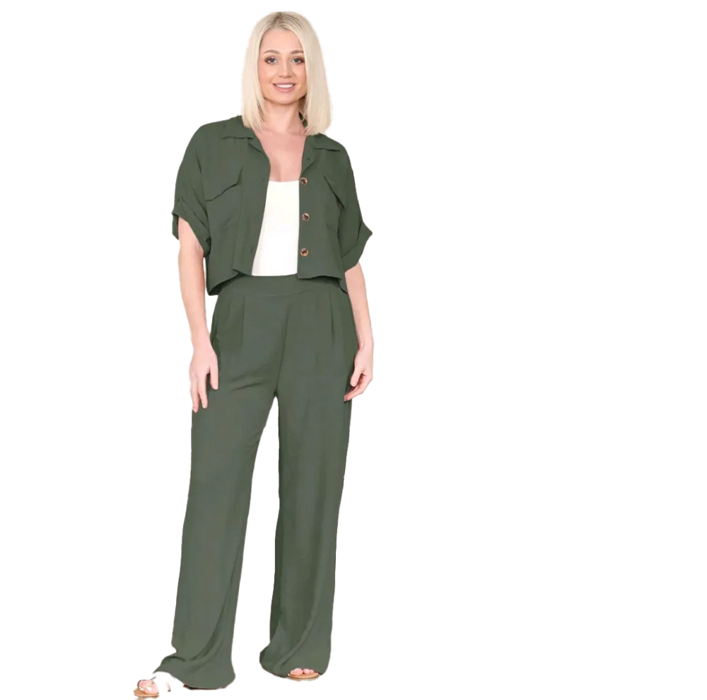 KatchMe Women's Casual Button Front Flap-Pocket Blouse & Wide Leg Trousers Co-ord Set – Crop Short Sleeve Shirt & High Waist Pants Two-Piece Se