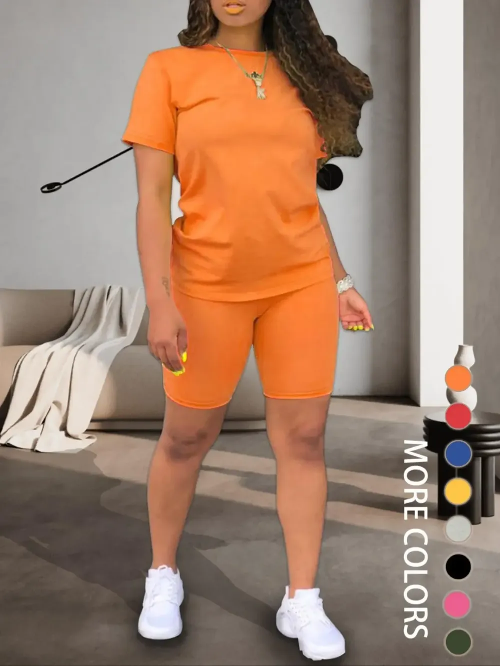 Two-piece Set Women's Fitted Plain Round Neck Tee & Skinny Shorts Set, Summer Clothes Women