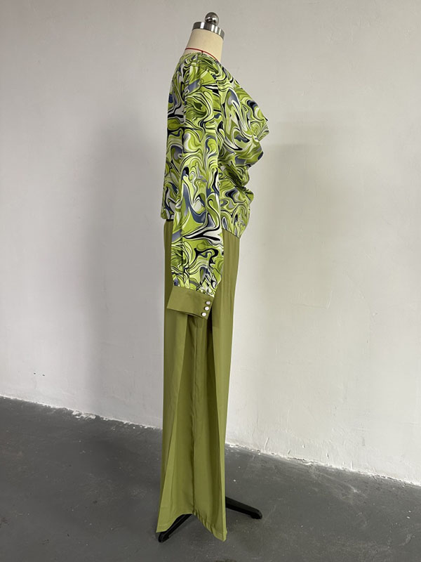 Printed Heaps Collar Long Sleeves Shirts Top + High Waisted Pants Bottom Two Pieces Set