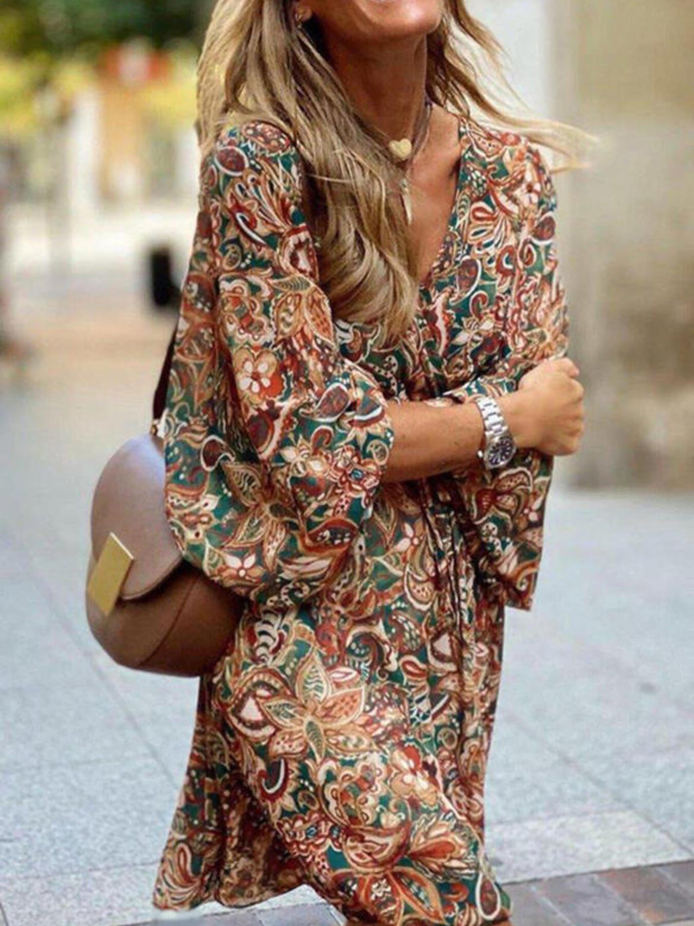 Paisley Print Balloon Sleeve Mini Dress