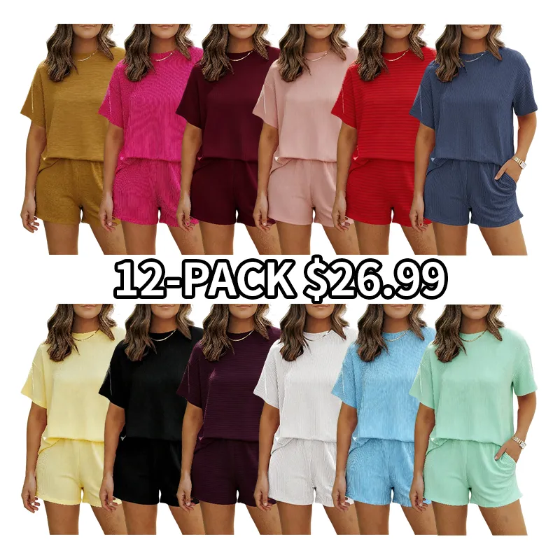 Women's Summer Short Sleeve Twisted Thread Shirt & Shorts with Pockets Casual Pajamas Ribbed Textured Outfit Matching Lounge Set