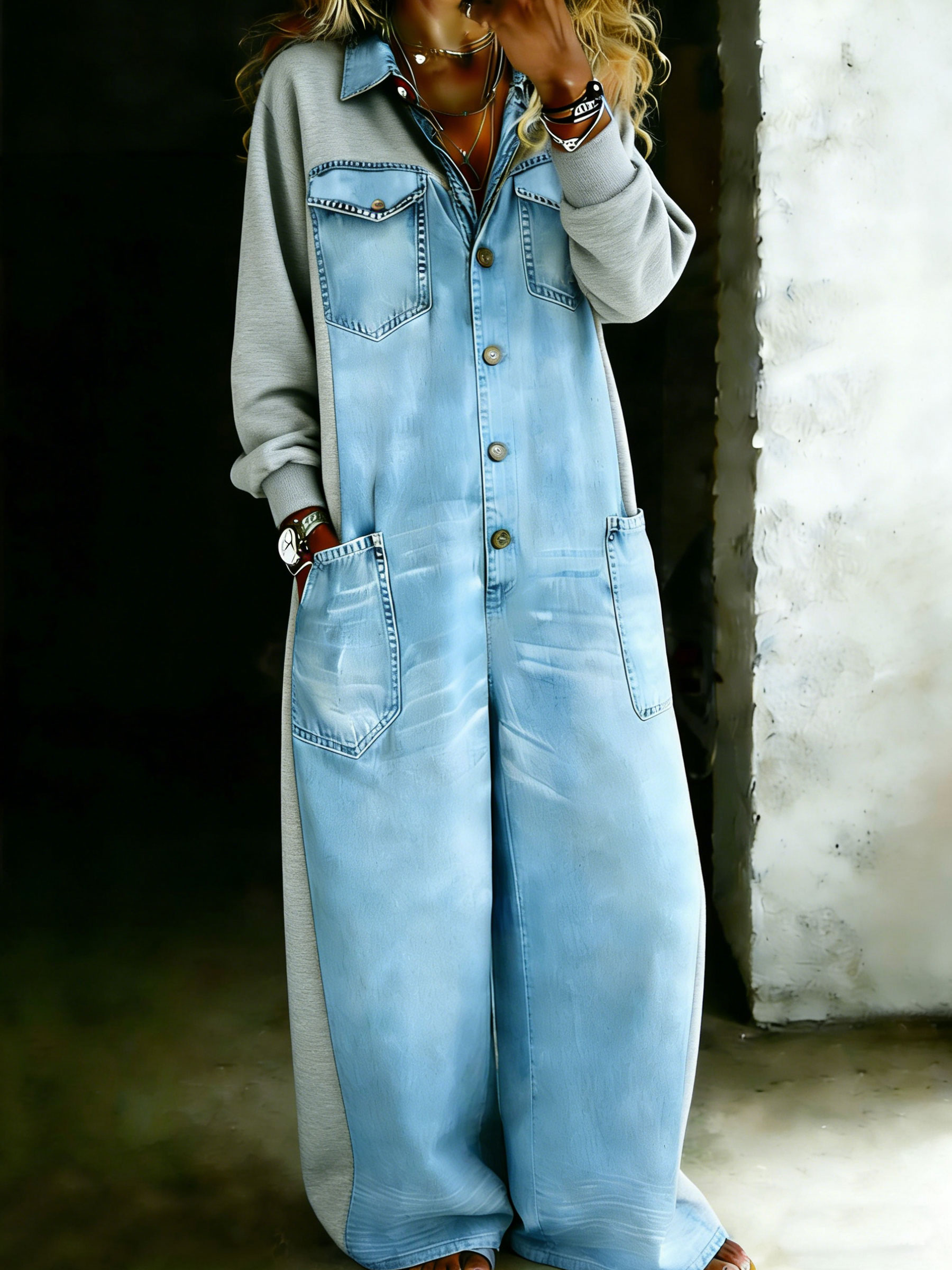 Women’s Stylish Denim One Piece Shirt Jumpsuit