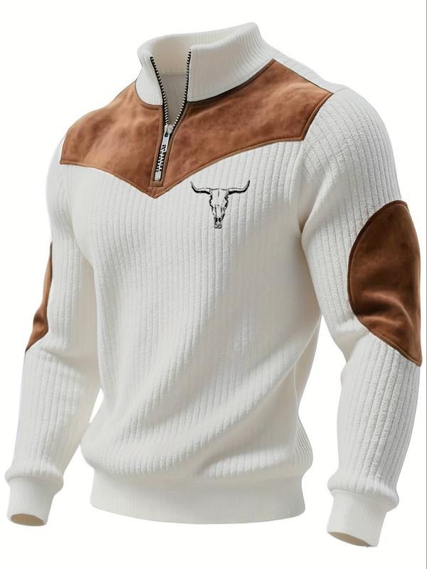 Men's Stand Collar Pullover Sweater, Autumn Winter Warm Half Zip Cow Head Print