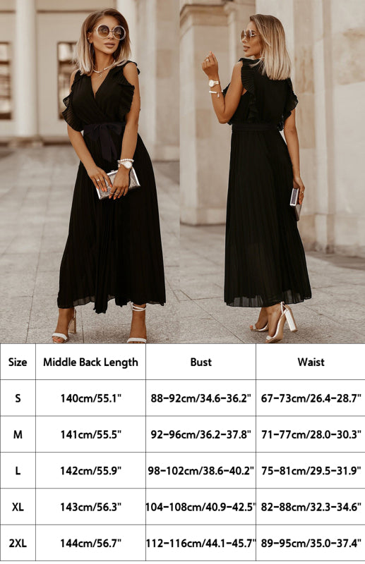 Slim Fit Lotus Leaf Sleeve Chiffon Pleated Skirt Solid Color Dress