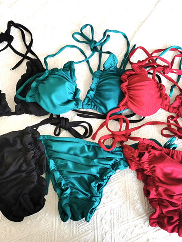 Sexy Solid Color Triangle Ruffled Lace-Up Bikini Swimwear