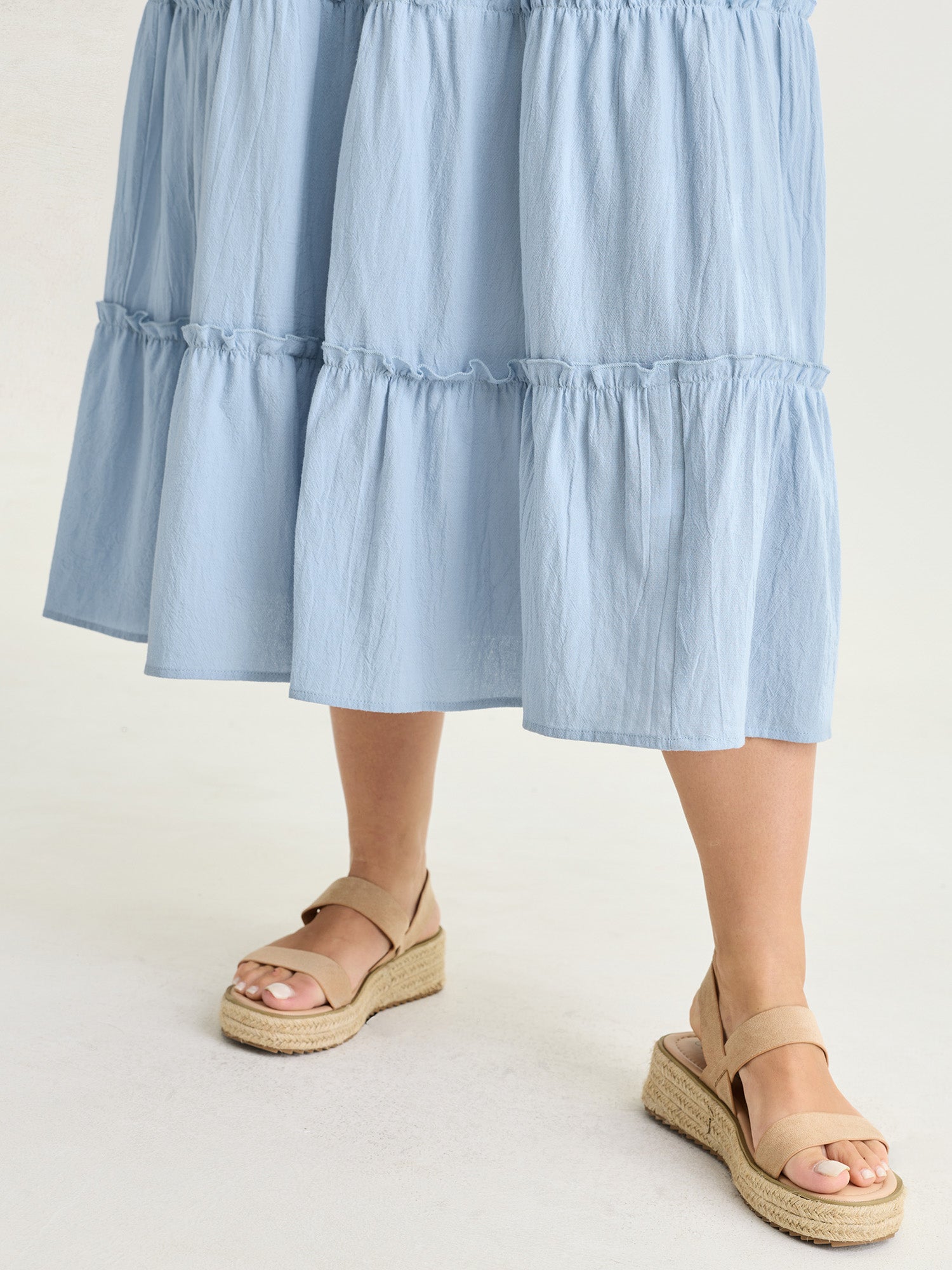 Cotton Shirred Bodice Ruffled Straps Plain Maxi Dress