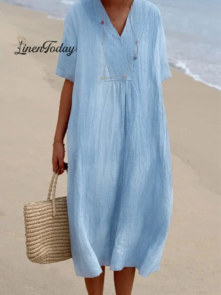 Women's Solid Color Cotton And Linen Short Sleeve Dress