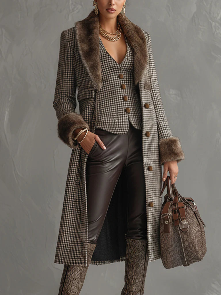 Brown Check Wool Blend Coat With Fur Collar