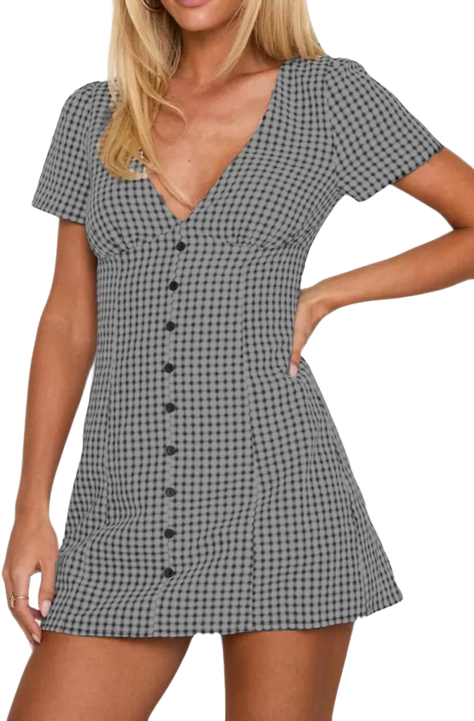 Women's Plaid Print Button Decor V Neck Shortsleeve (Just $4 Each!)