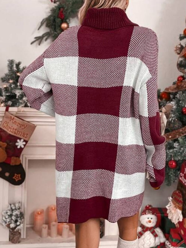 Contrast Color Plaid Long Sleeves Loose High Neck Sweater Dresses Mini Dresses