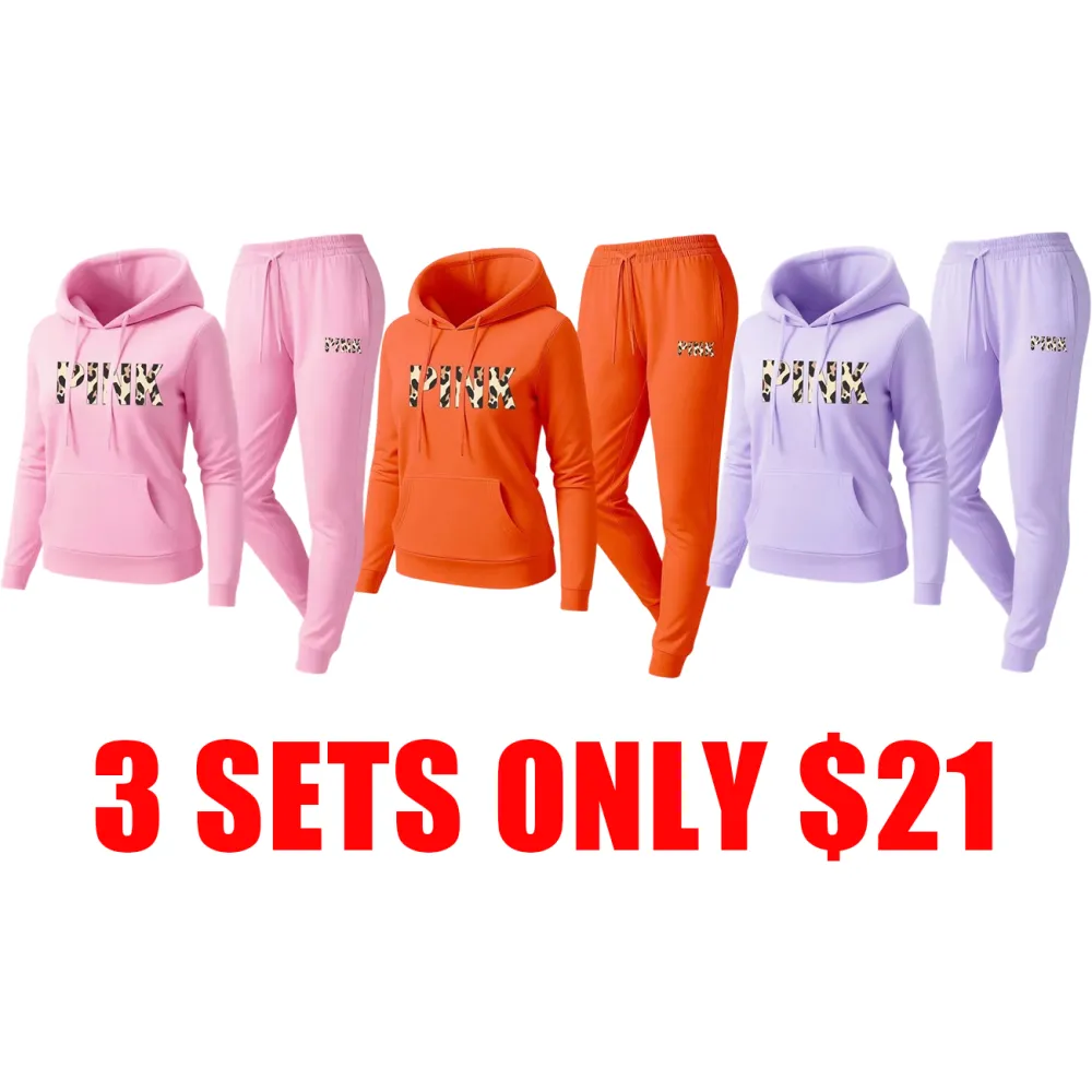Women's Leopard Pink Print Hoodie & Drawstring Sweatpants Set
