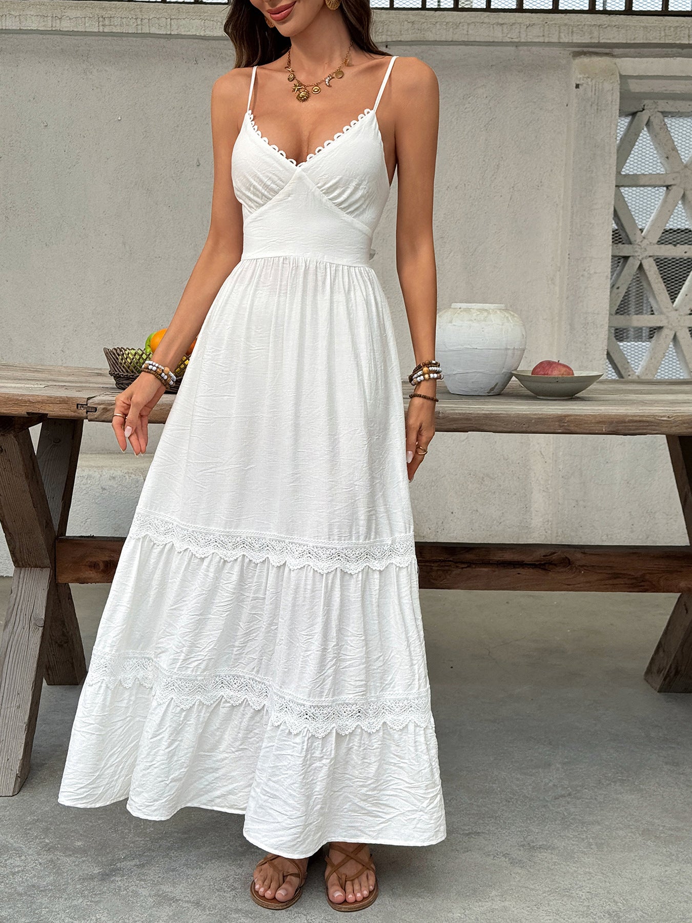 Lace Detail V-Neck Tiered Maxi Dress
