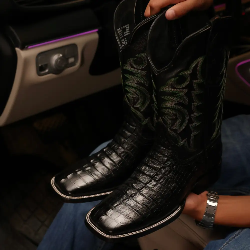 Black Caiman Leather Boots With Black Shaft - Square Toe