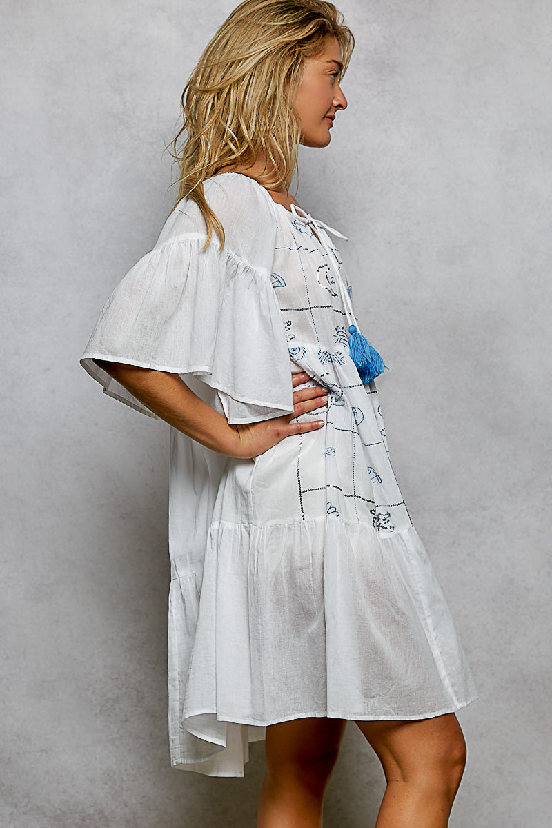 Tied Tassel Embroidery Half Flared Sleeve Mini Dress