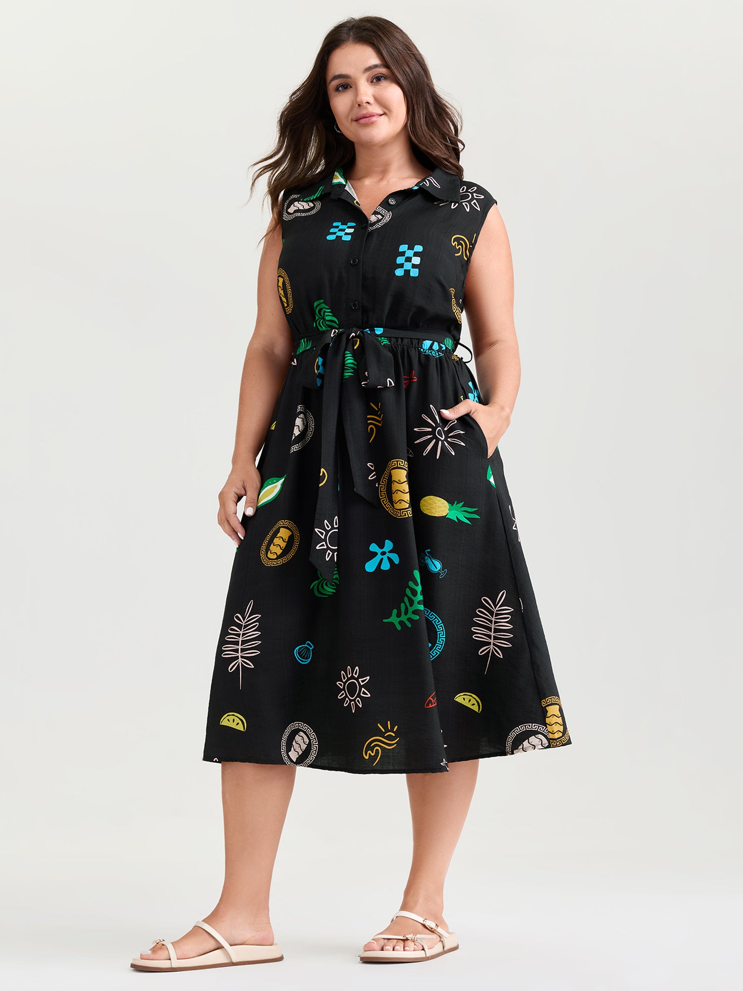 Sunshine Pineapples Collar Sleeveless Midi Dress