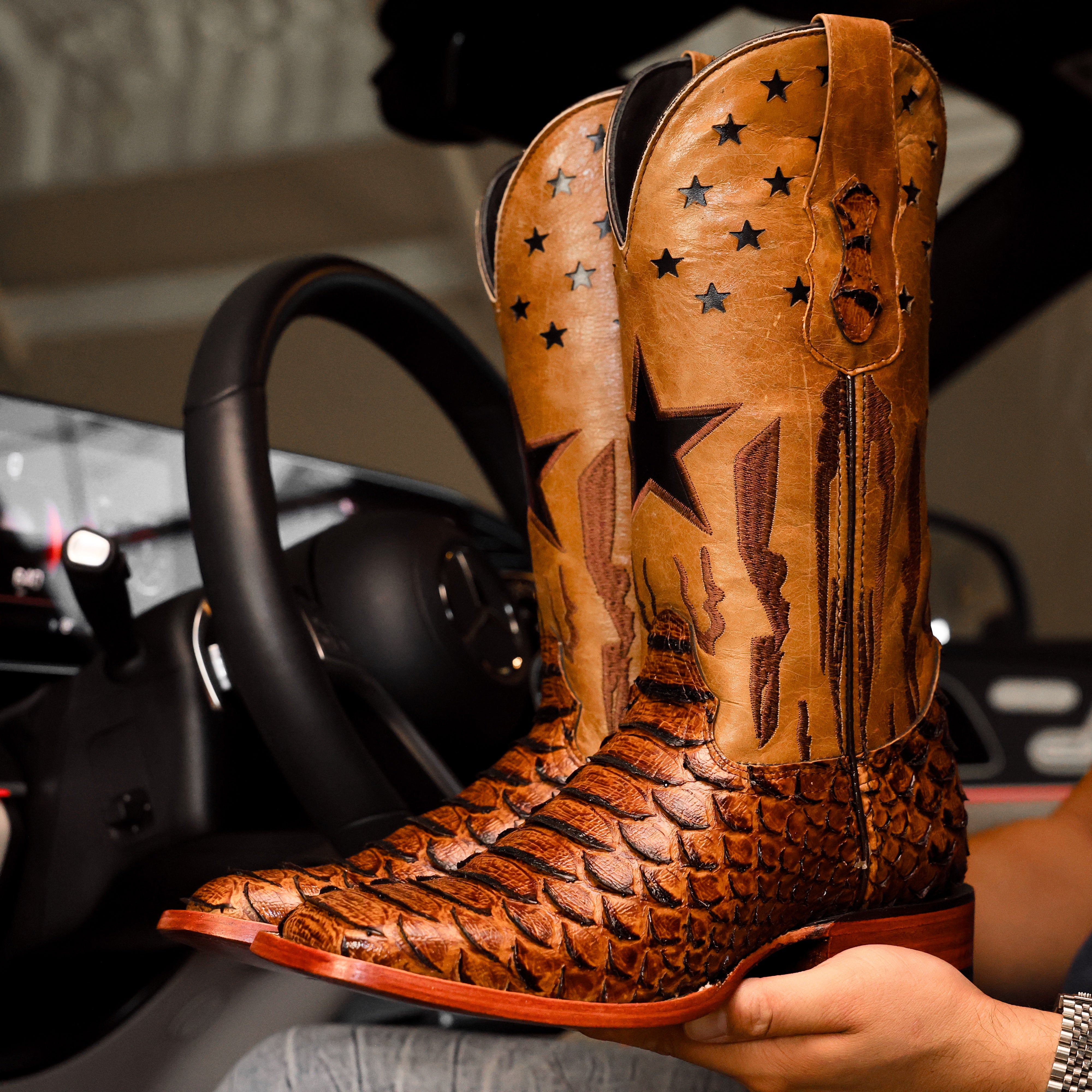 Honey Cognac Python Leather Boots - Square Toe