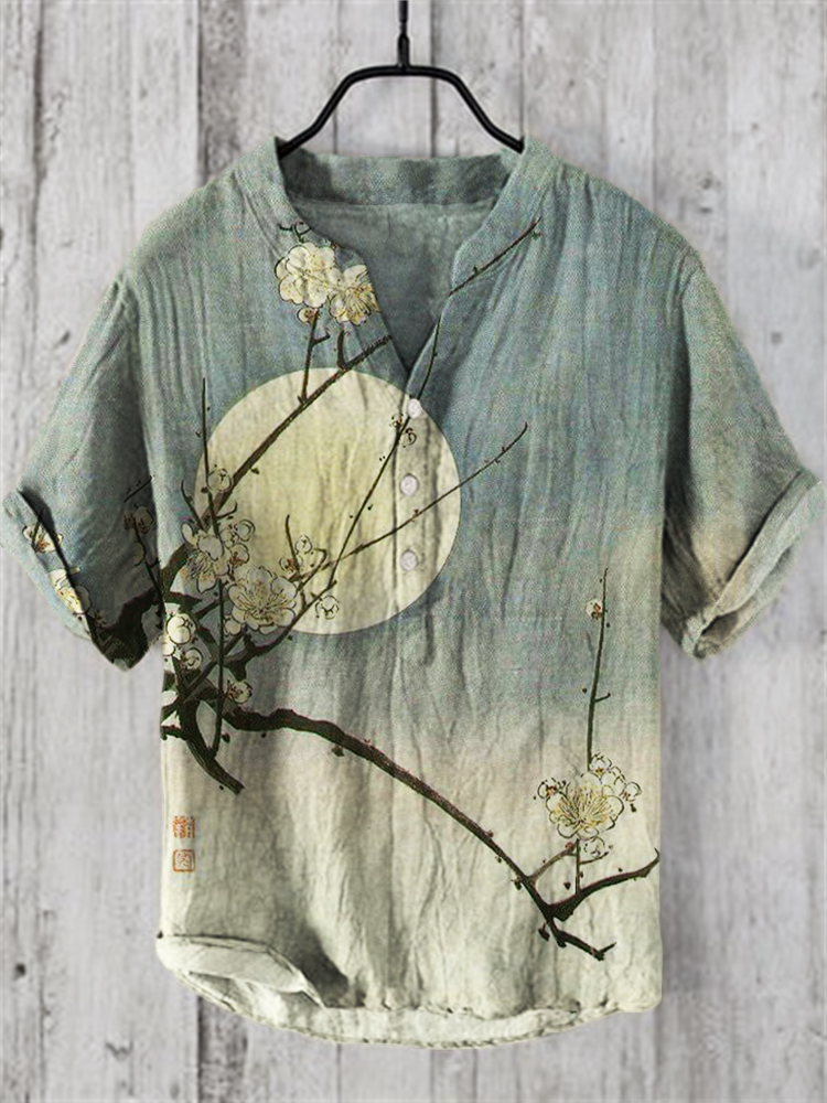 Plum Blossom Full Moon Night Gradient Japanese Art Linen Blend Shirt