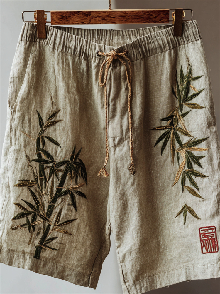 Vintage Japanese Bamboo Embroidered Linen Shorts