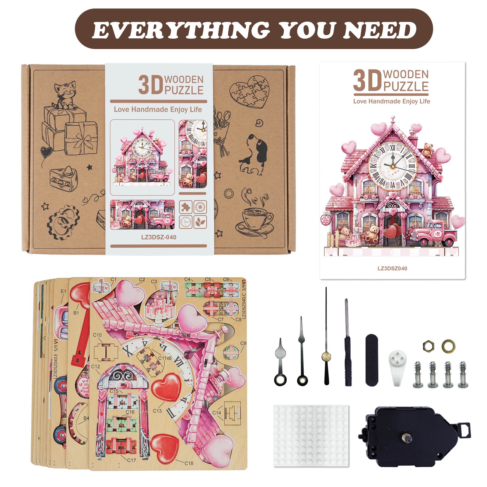 Sweetheart Cottage â€“ DIY Wooden Clock, 3D Puzzle Craft Kit