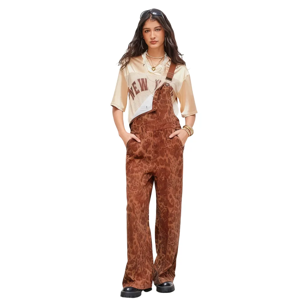 Women's Leopard Buckle Oversized Denim Wide Leg Jumpsuit